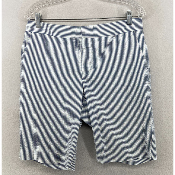 CHAPS Shorts Womens 12 Seersucker Striped Chino 11" Walking Cotton Blue White - Picture 1 of 11